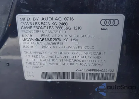 2017 Audi Q5 2.0T Premium z USA, uszkodzony, nr VIN WA1L2AFP5HA022402
